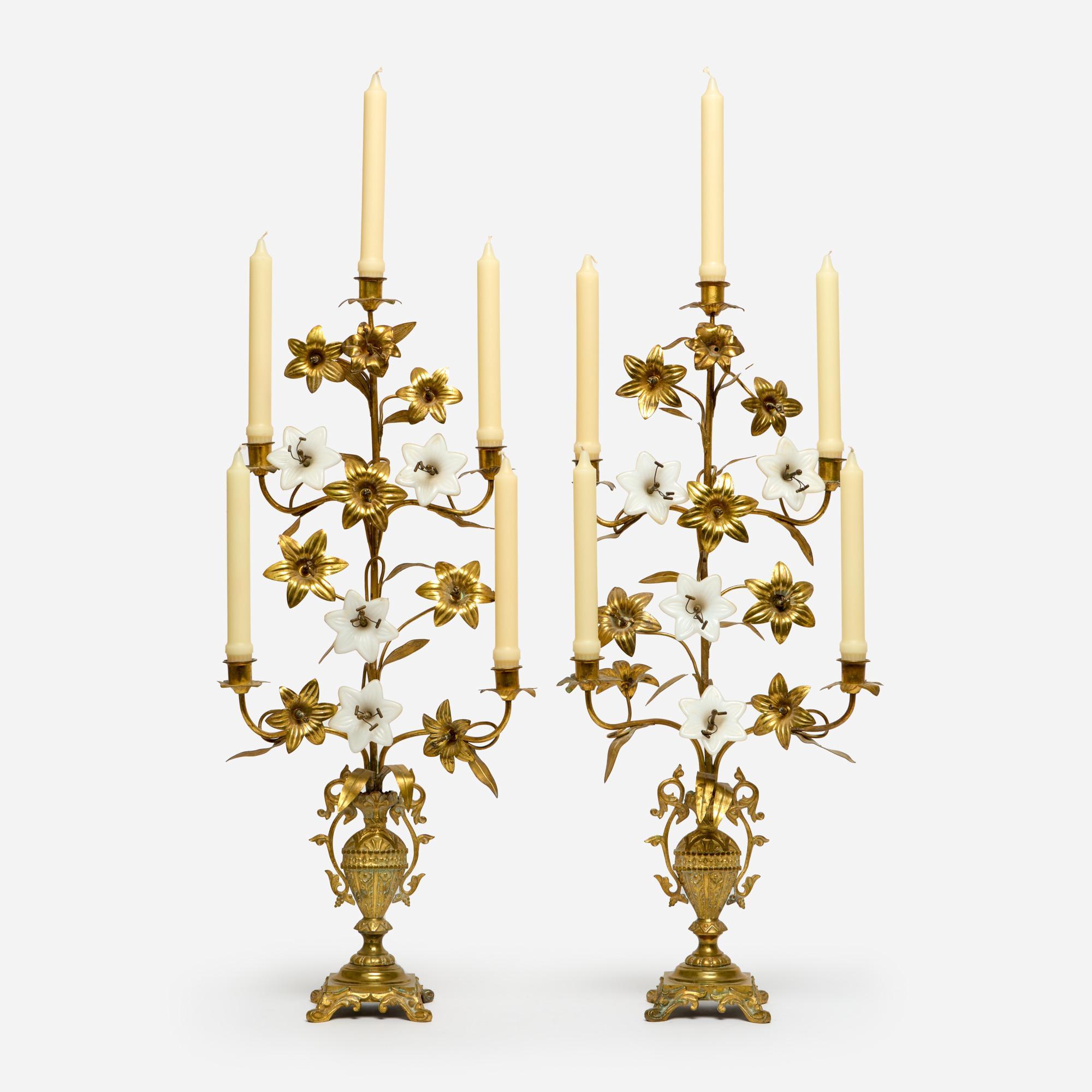 Appraisal: BELLE EPOQUE GILT BRASS OPALINE GLASS CANDELABRA An antique pair