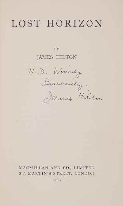 Appraisal: Hilton James Lost Horizon first edition signed presentation inscription from