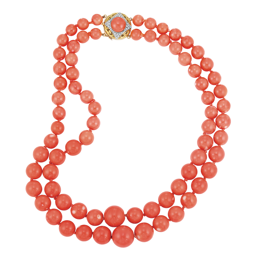 Appraisal: Double Strand Coral Bead Necklace with Gold Coral and Diamond