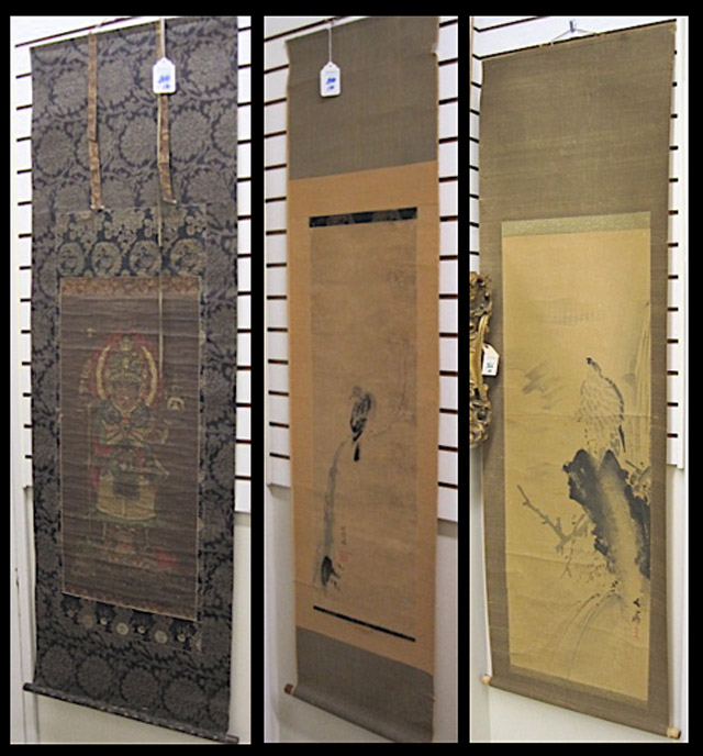 Appraisal: THREE JAPANESE SCROLL PAINTINGS on rice paper one depicts a