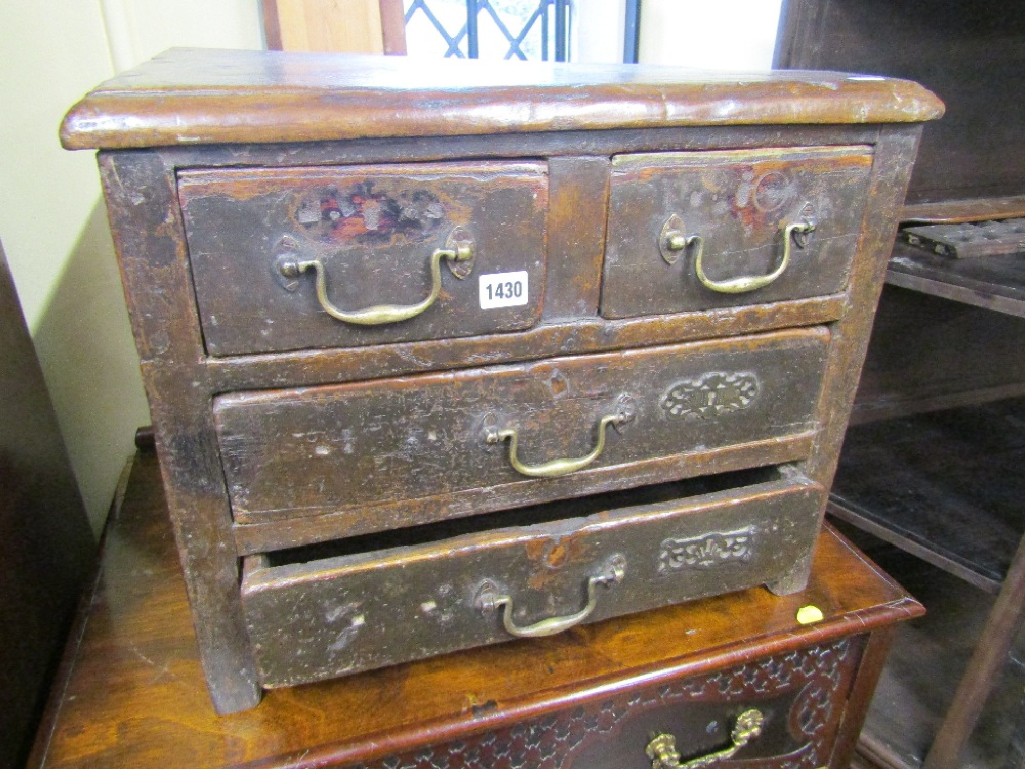 Appraisal: A miniature rustic chest of two long and two short