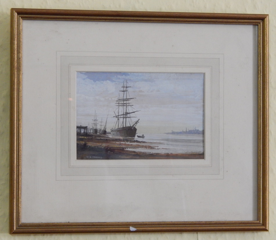 Appraisal: William Bartol Thomas - Masted ships on coastal scene watercolour