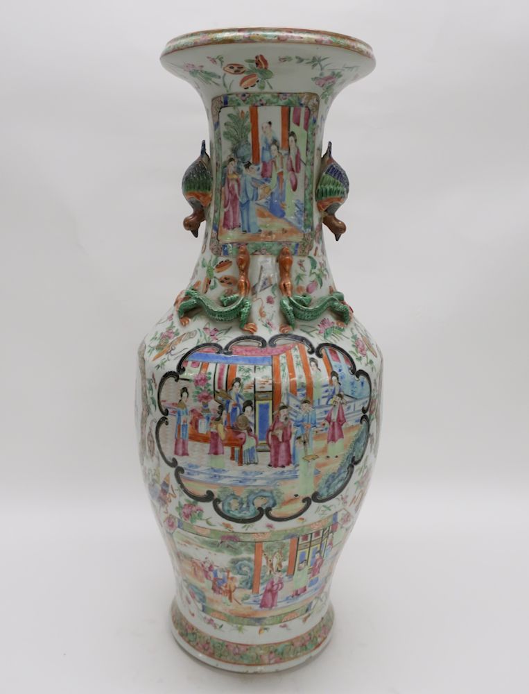 Appraisal: Chinese Porcelain Famille Rose Vase Bird handles H x diam