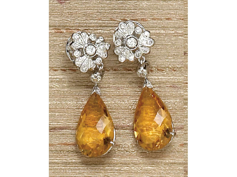 Appraisal: CITRINE AND DIAMOND EARRINGS k white gold dangling earrings with