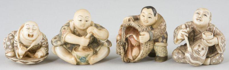 Appraisal: Four Ivory Occupational Netsukes depicting various tradesmen fisherman mask maker