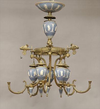 Appraisal: Neoclassical-Style Gilt-Brass and Wedgwood Blue Jasperware Five-Light Chandelier Approx in