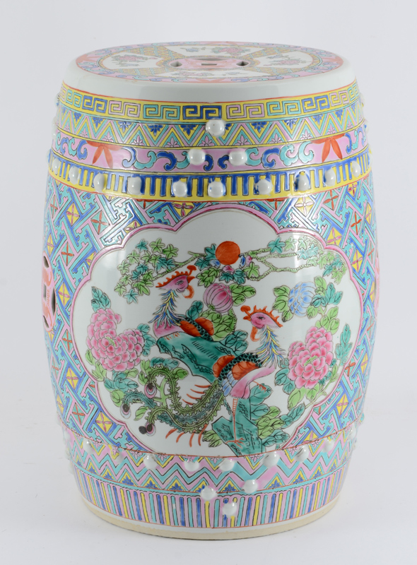 Appraisal: CHINESE GARDEN SEAT th Century polychrome decorated with birds of