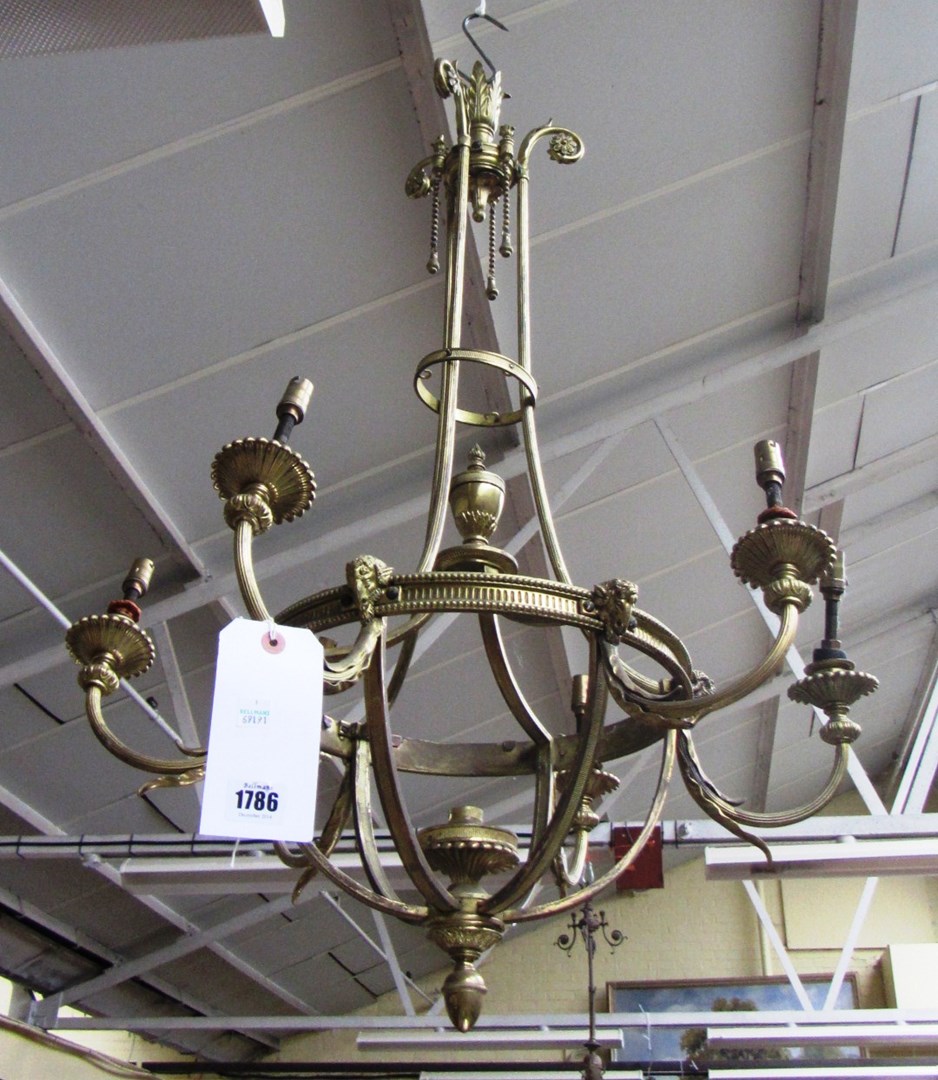 Appraisal: An Edwardian gilt bronze six light chandelier early th century