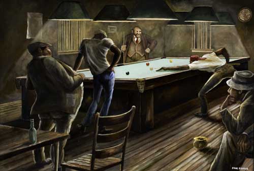 Appraisal: ERNIE BARNES - Pool Hall Oil on canvas circa x