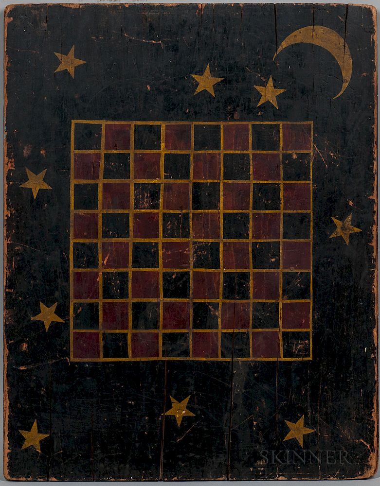 Appraisal: Paint-decorated Pine Checkerboard with Moon and Stars Paint-decorated Pine Checkerboard