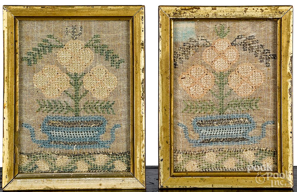 Appraisal: Pair of miniature silk on linen samplers Pair of miniature