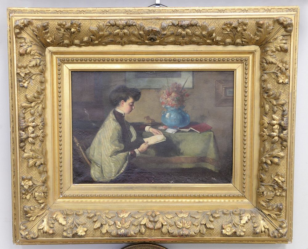 Appraisal: Victorian oil on canvas interior scene of seated girl reading