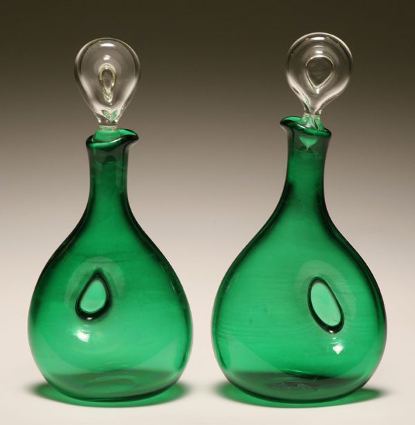 Appraisal: Pair of Erickson green art glass decanters with clear stoppers