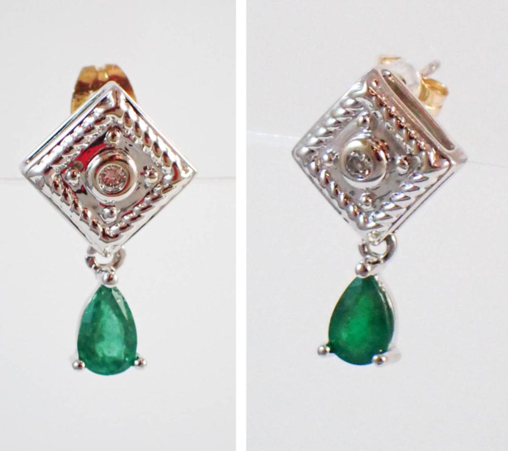 Appraisal: PAIR OF EMERALD AND DIAMOND DANGLE EARRINGS each k white