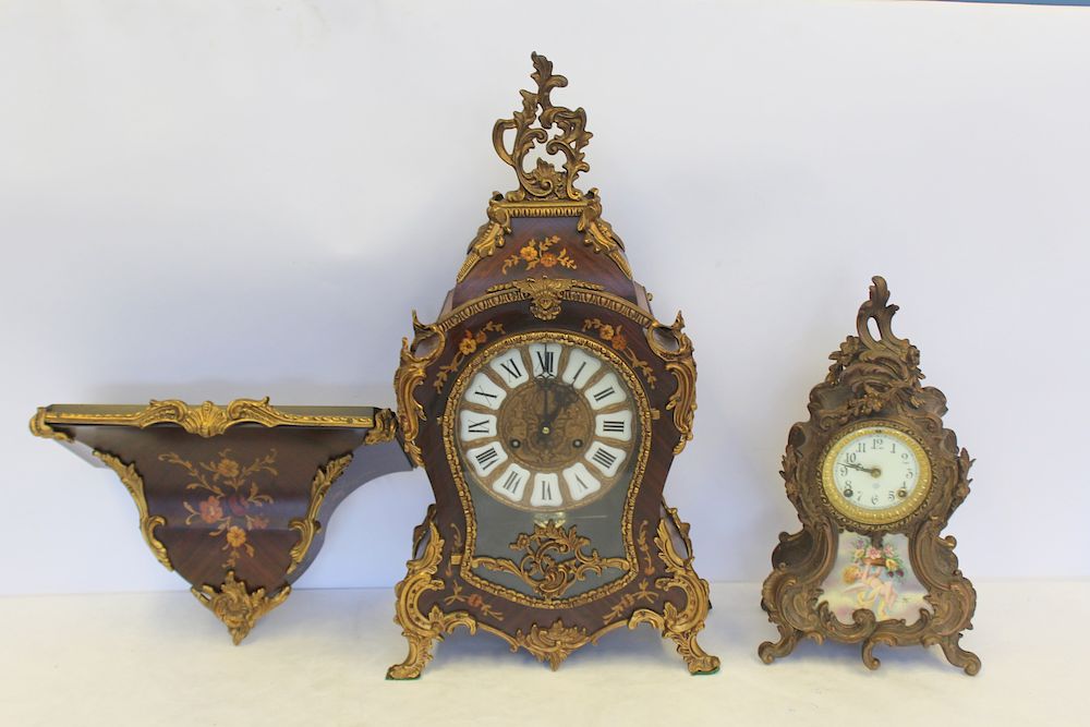 Appraisal: Antique Louis XV Style Clocks One bronze mounted inlaid with