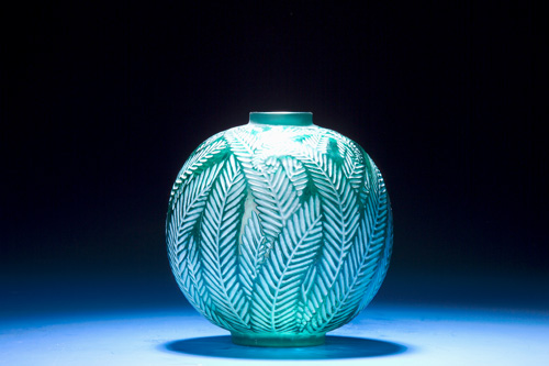 Appraisal: R LALIQUE Vase Palmes green with white patina ca Molded