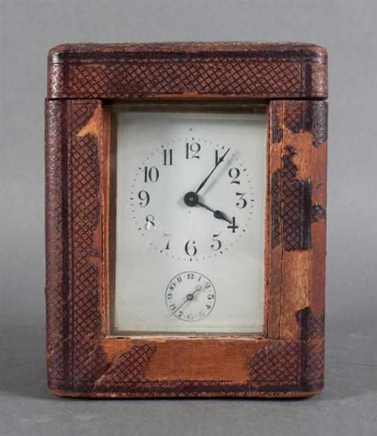 Appraisal: French brass and beveled glass carriage clock with leather and