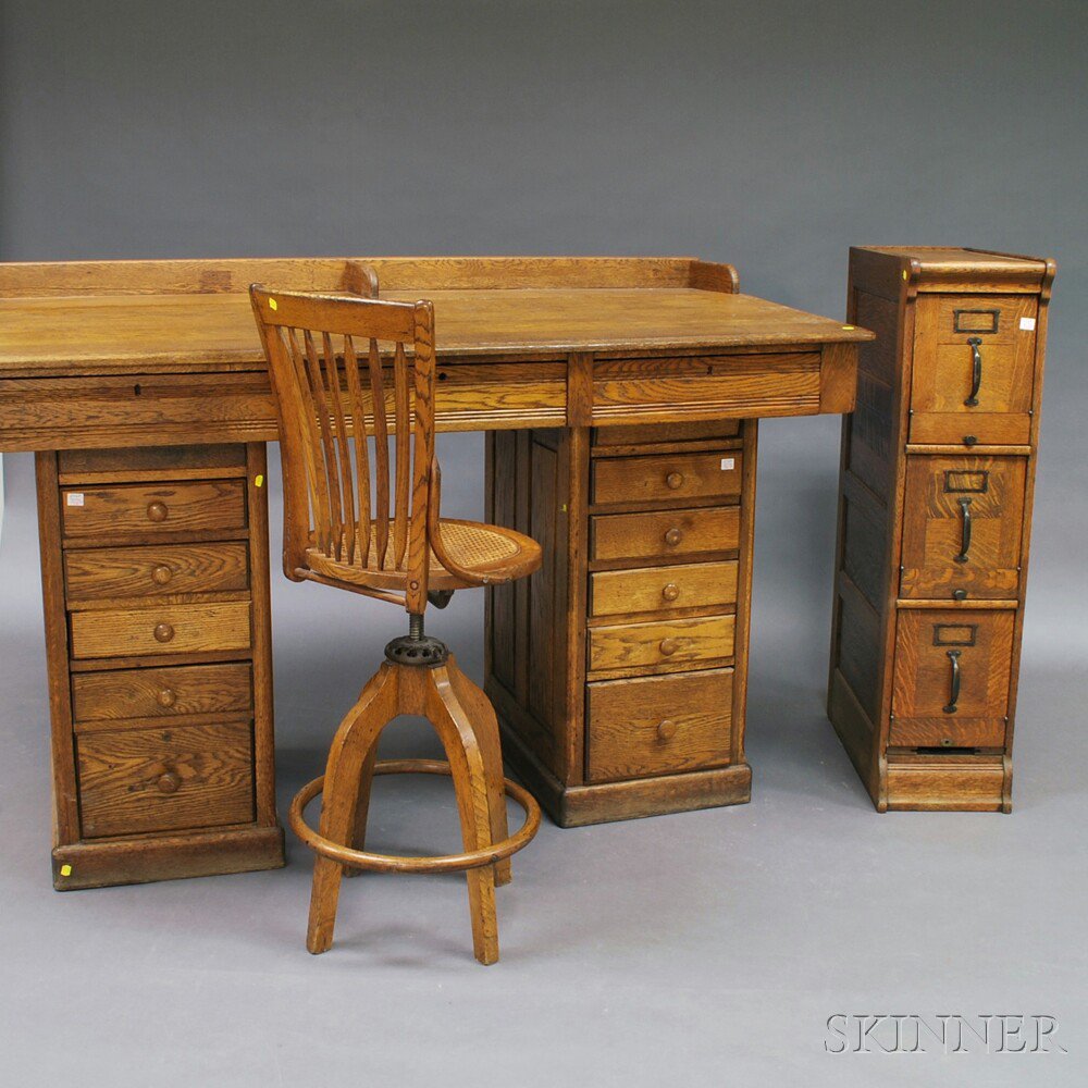 Appraisal: Large Oak Pedestal Desk with High Swivel Chair and File