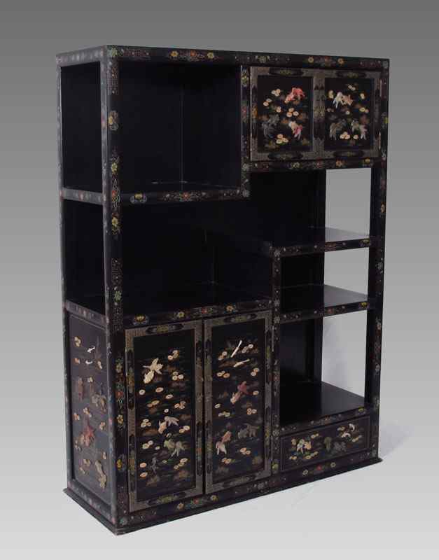 Appraisal: CHINESE LACQUER DISPLAY SHELF ETAGERE Paint decorated with stone inlay