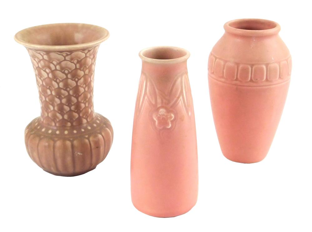 Appraisal: Rookwood Pottery three blush tone vases with impressed geometric decoration