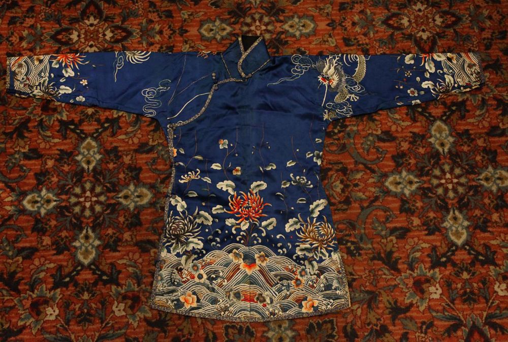 Appraisal: Chinese embroidered robe possibly th th c embroidered with chrysanthemums