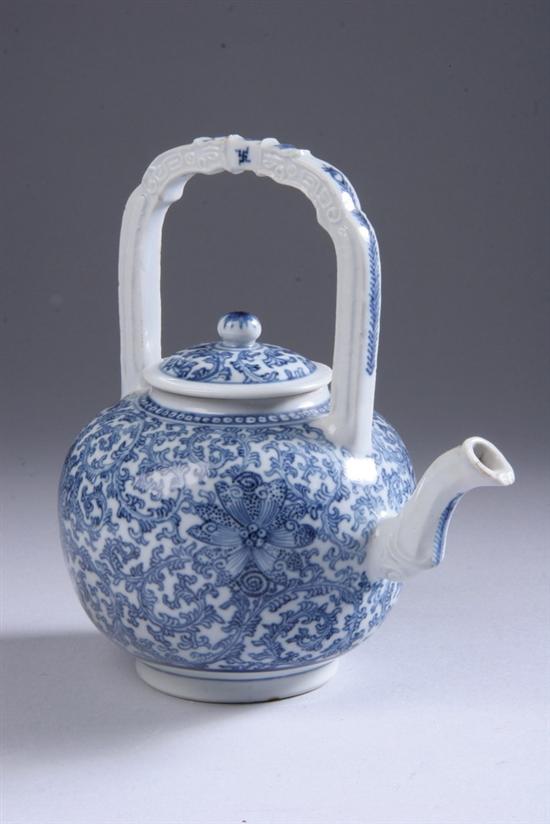 Appraisal: CHINESE BLUE AND WHITE PORCELAIN TEAPOT Kangxi period Ovoid-form delicately