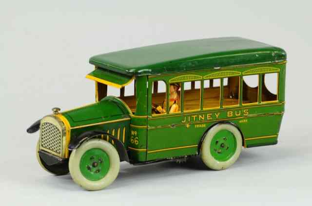 Appraisal: STRAUSS JITNEY BUS Lithographed tin done in green with yellow