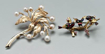 Appraisal: Two gold brooches one with three polychrome enameled birds on