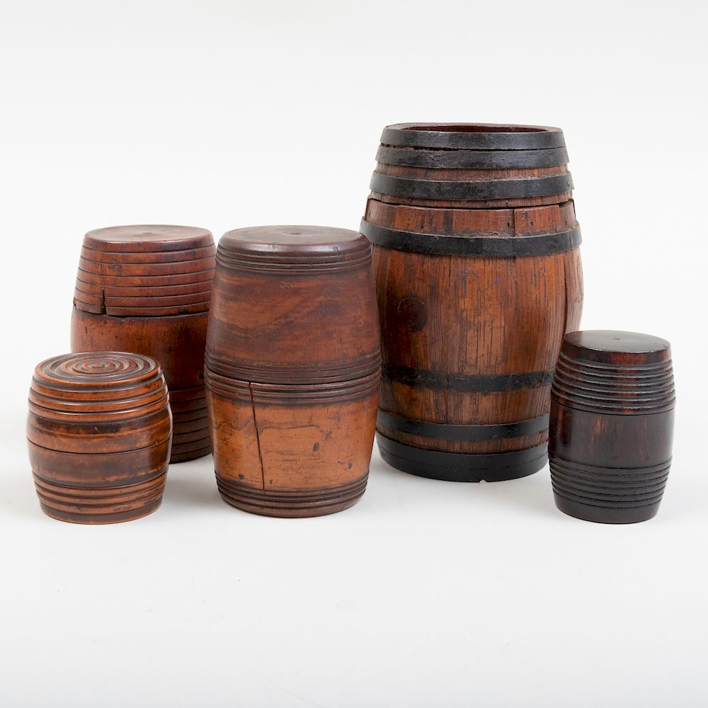 Appraisal: Group of Five Carved Treen Barrel Form Boxes One with