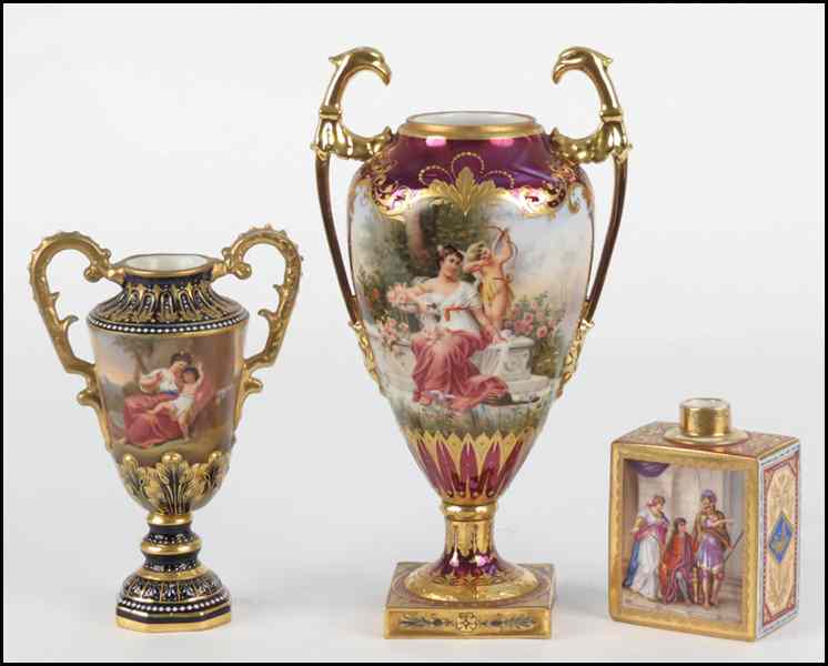 Appraisal: DRESDEN GILT AND PAINTED PORCELAIN PORTRAIT URN Together with porcelain