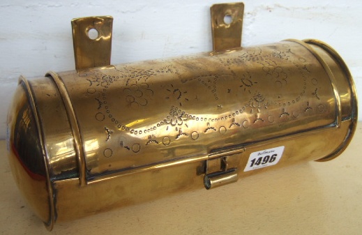 Appraisal: A brass wall candle box late th century of cylindrical