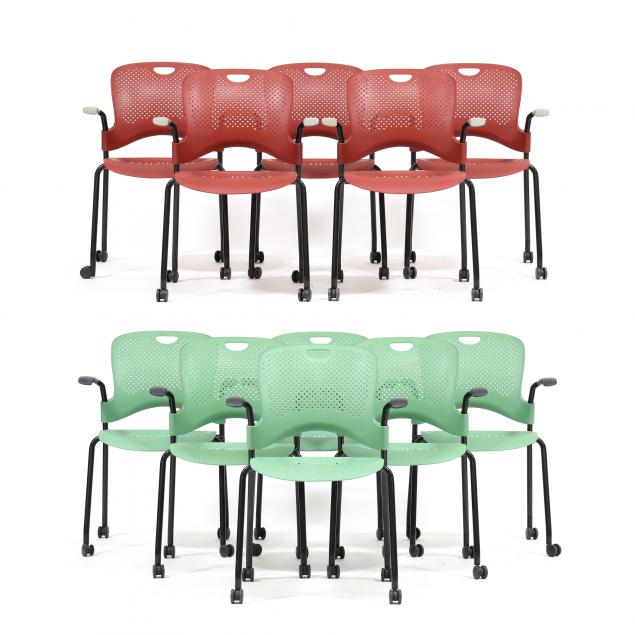 Appraisal: JEFF WEBER BILL STUMPF ELEVEN RED GREEN CAPER STACKING CHAIRS