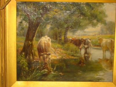 Appraisal: M HOWARD Cattle Watering signed x gilt frame