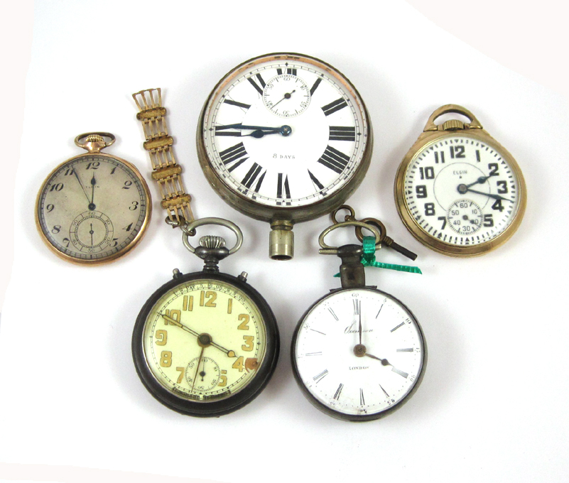 Appraisal: FOUR OPEN FACE POCKET WATCHES AND AN AUTO CLOCK Elgin