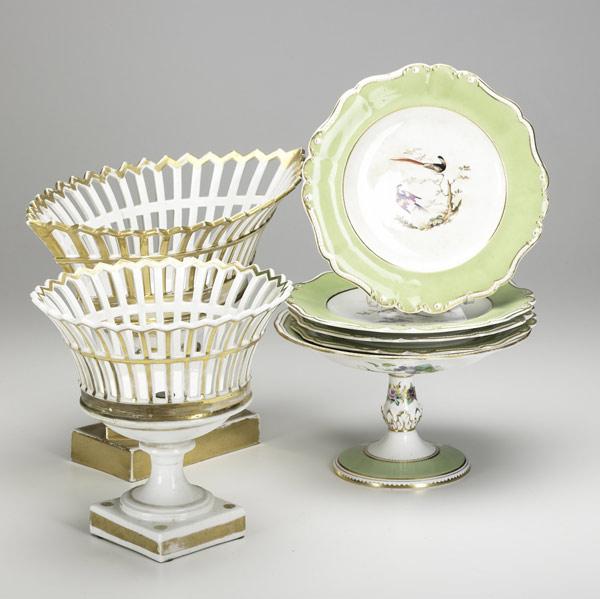 Appraisal: CONTINENTAL PORCELAIN Seven pieces include hand-painted cake stand with four