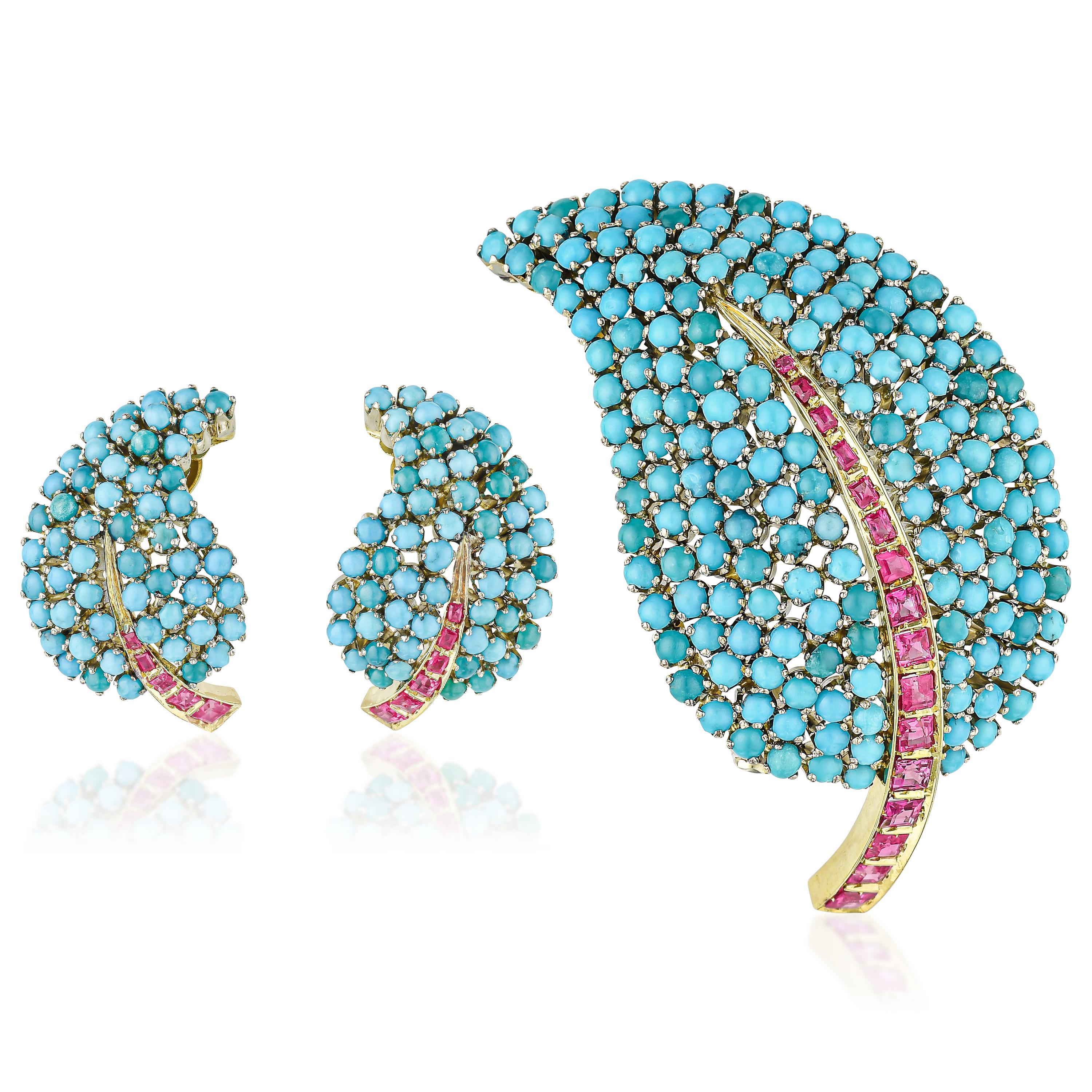 Appraisal: TURQUOISE AND PINK SAPPHIRE LEAF BROOCH AND EARCLIPS SET METAL