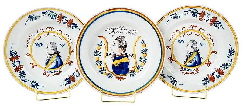 Appraisal: Three Delft Polychrome Portrait Plates Dutch th century comprising pair