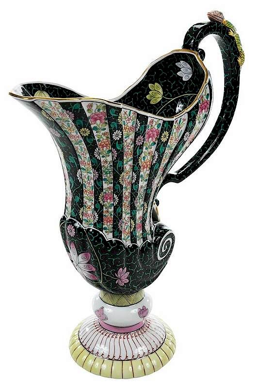 Appraisal: Herend Porcelain Black Dynasty Pitcher Hungarian oz nautilus form lizard