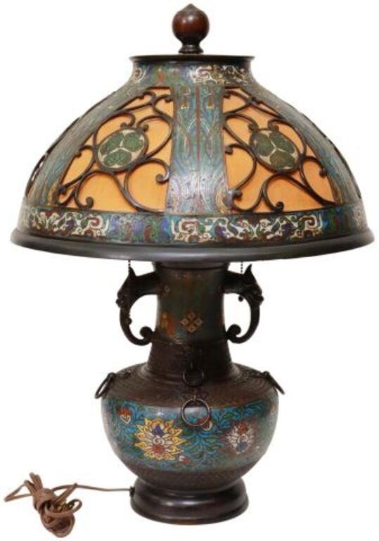 Appraisal: Champleve enamel urn-form two-light table lamp pierced openwork shade revealing