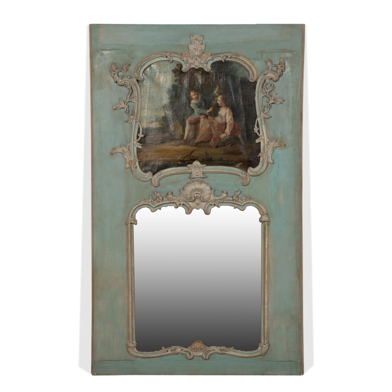 Appraisal: LOUIS XV STYLE TRUMEAU MIRROR WITH COURTING SCENE French blue-grey