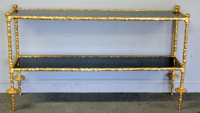 Appraisal: Midcentury Giacometti Style Gilt Marble Console Gilt steel console with