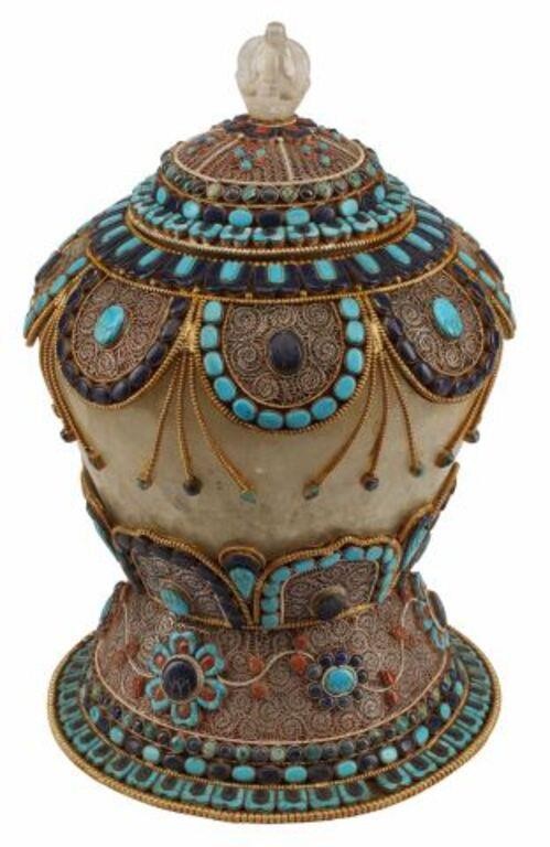 Appraisal: Asian turquoise lapis lazuli and coral inlaid rock crystal jar