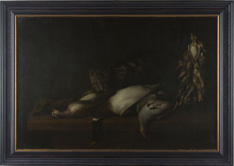 Appraisal: Flemish School Still Life with Cat Game in the th