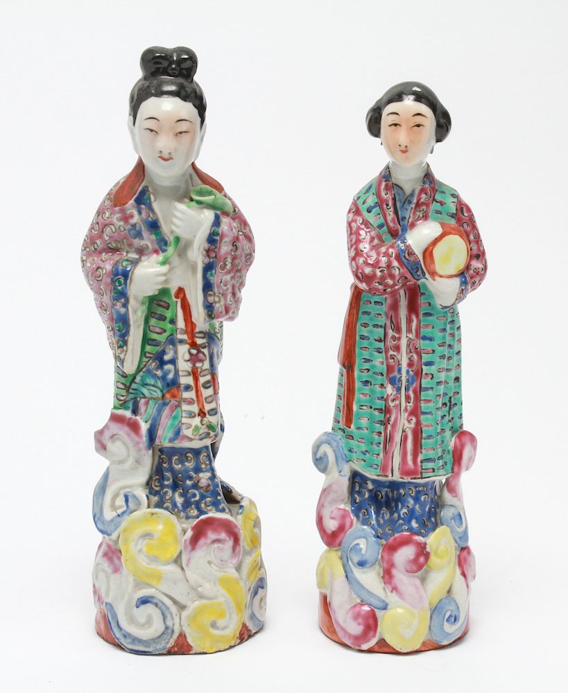 Appraisal: Chinese Polychrome Porcelain Female Figures Chinese polychrome porcelain female figure