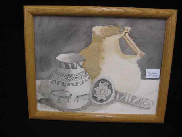 Appraisal: Watercolor Still Life with Indian Pottery signed Jacque image area