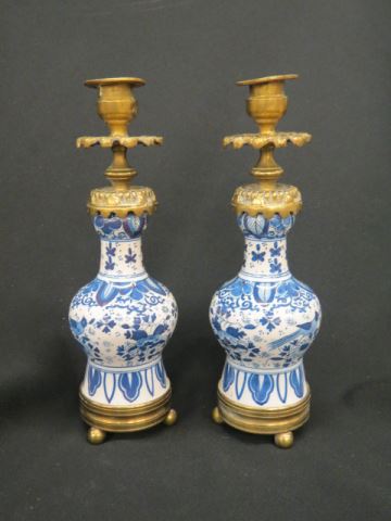 Appraisal: Pair of Early Delft Pottery Candlesticks brass trim signed