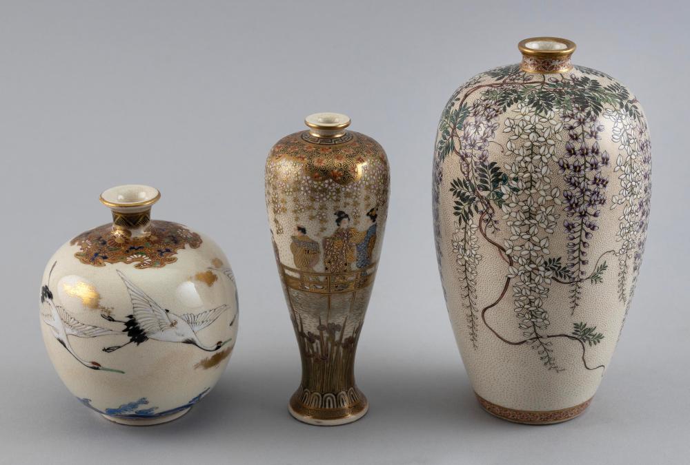 Appraisal: THREE JAPANESE SATSUMA PORCELAIN VASES LATE MEIJI PERIODTHREE JAPANESE SATSUMA