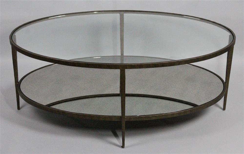 Appraisal: CONTEMPORARY OVAL TWO-TIER COFFEE TABLE oval patinated and hammered bronze