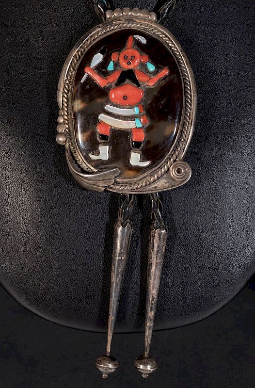 Appraisal: A ZUNI SEMI PRECIOUS BOLO TIE WITH KACHINA Circa mid-