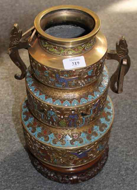 Appraisal: A JAPANESE BRASS VASE with cloisonne decoration of three tier